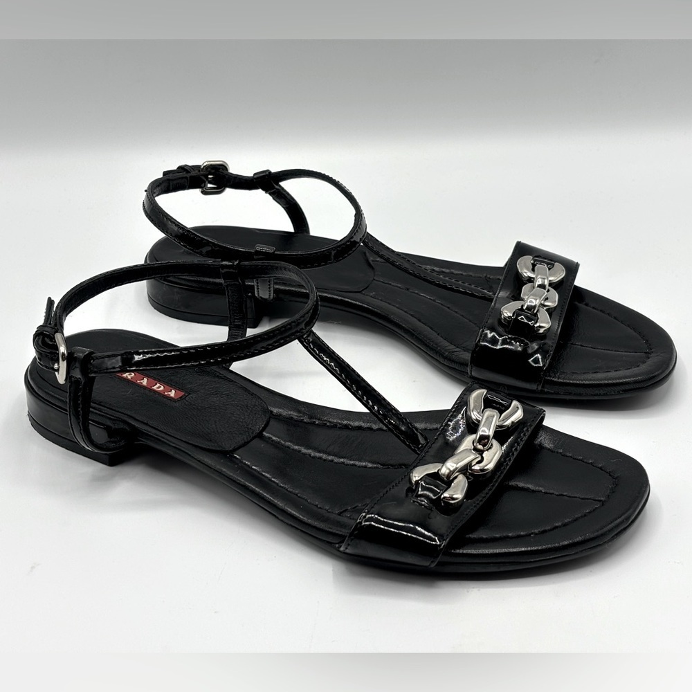 PRADA‎ Black Patent Leather Sandals with Silver Block Chain Detail - Picture 4 of 10